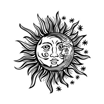 illustration sun moon faces retro vintage vector folklore
