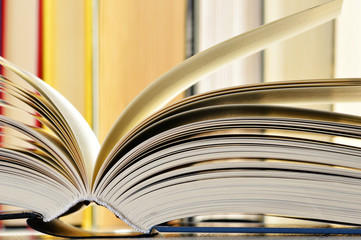 Composition with hardcover books in the library