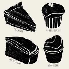 Set of sweet vector illustrations. Cartoon dessert silhouettes