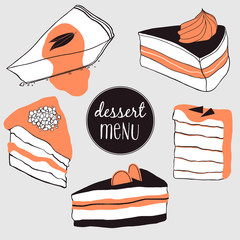 Dessert vector set. Hand drawn cartoon cakes illustrations