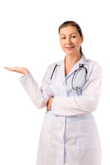 doctor brunette holding a hand on a white background