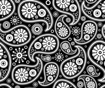 seamless paisley ornament black white vector floral background