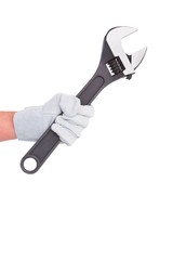 Mechanic holding spanners on white background
