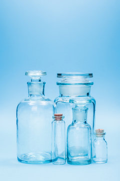 Clear empty glass reagent bottles