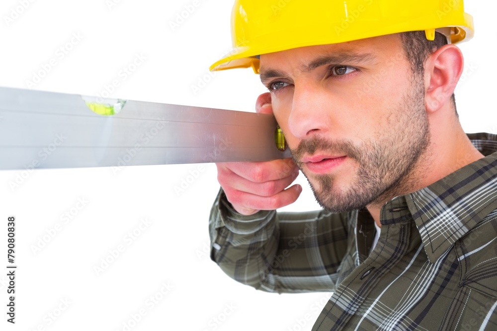 Poster carpenter using spirit level