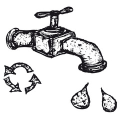 Hand drawn tap with drops of water