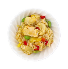 Bowl of chicken and vegetables on a white background