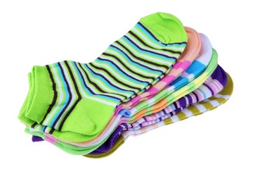 Stack Of Many Pairs Colorful Striped Socks Isolated On White