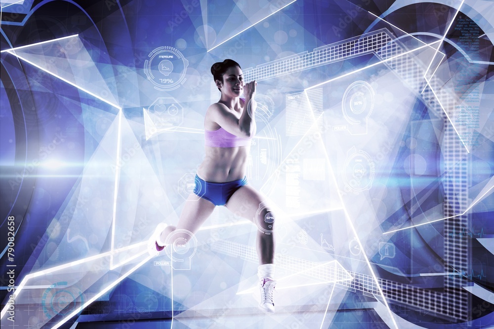 Poster Composite image of fit brunette running and jumping