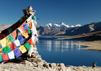 Tso Moriri Lake with prayer flags