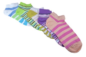 Stack Of Many Pairs Colorful Striped Socks Isolated On White