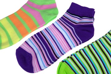 Many Pairs Colorful Striped Socks Isolated On White