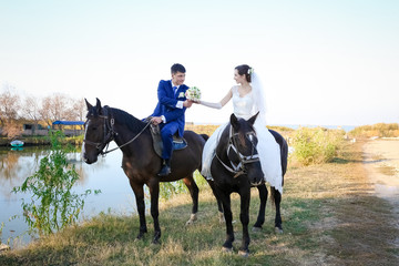 Young bride and groom, walk in the nature, on a farm, beach wedd