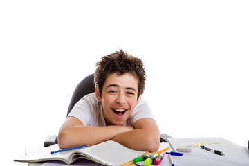 Boy laughs leaning on blank book with crossed arms