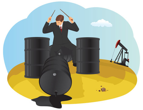 Businessman is using drum sticks to bang oil barrels