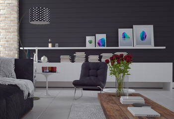Comfortable simple black and white living room