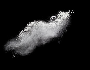 Freeze motion of white dust explosion isolated on black