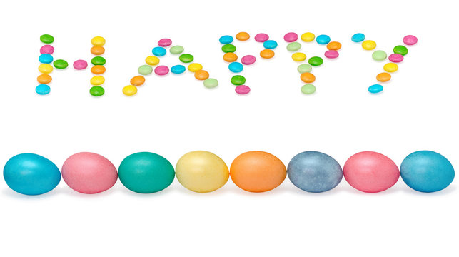 happy easter image wiht eight eggs and candys pastel colored