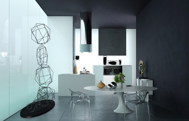Luxury black and white living area interior