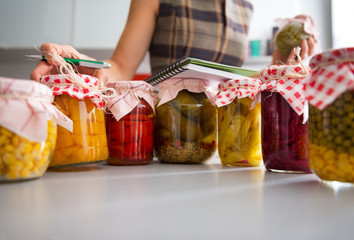 Closeup on jars of pickled vegetables