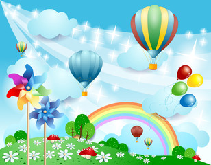 Spring background with balloons and pinwheels