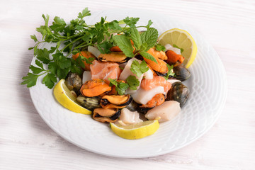 Dish with seafood, shellfish and fish