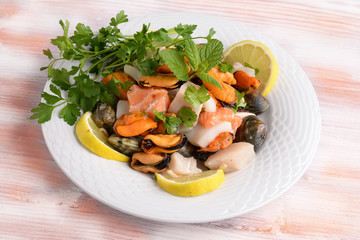 Dish with seafood, shellfish and fish