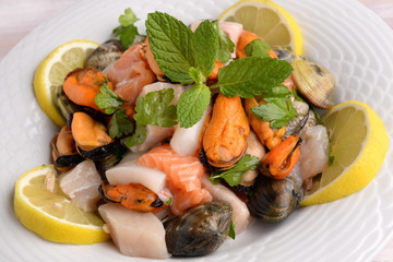 Dish with seafood, shellfish and fish