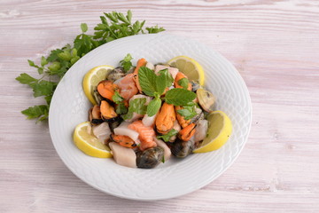 Dish with seafood, shellfish and fish