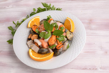 Dish with seafood, shellfish and fish