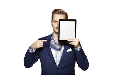 Man pointing at digital tablet