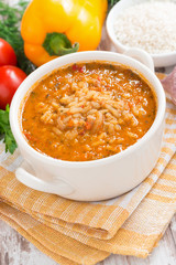 tomato soup with rice and vegetables, vertical, top view