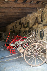 Wooden horse carts in the barn.