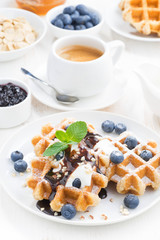waffles with fresh blueberries, cream and chocolate sauce
