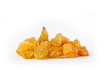 Heap of sultana raisins on white background