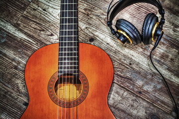 classic guitar and headphones in hdr