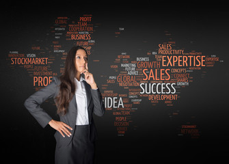 Thoughtful Businesswoman in Front Map Word Cloud