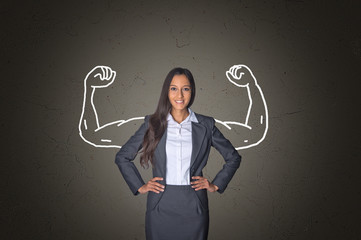 Businesswoman on Gray with Arm Muscles Drawing