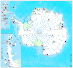 Pinned countries flags on Antarctica map