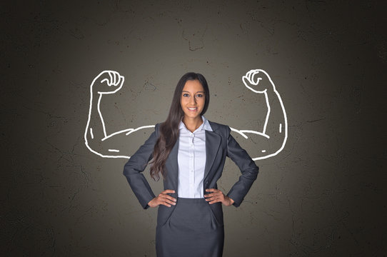 Businesswoman on Gray with Arm Muscles Drawing