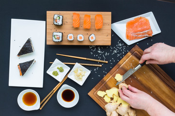 Fototapeta na wymiar Sushi with chopsticks