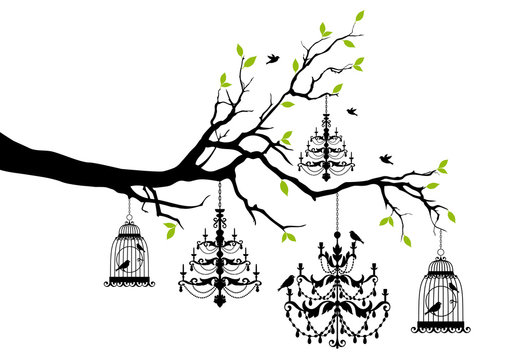 tree with chandelier and birdcage, vector