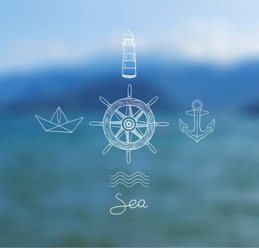 Vector blurred background with sea, ship, anchor, lighthouse