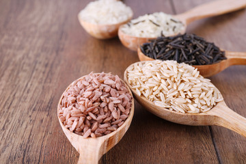 Different kinds of rice in spoons on wooden background