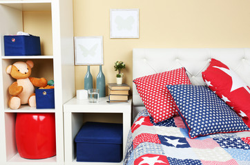 Modern colorful bedroom interior with bed and nightstand, with
