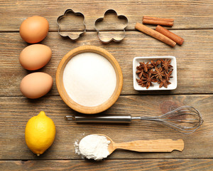 Food ingredients and kitchen utensils for cooking