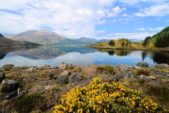 View of the lochs and highlands of Scotland during early spring