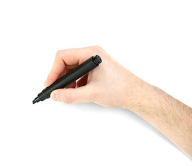 Male hand with black marker isolated on white