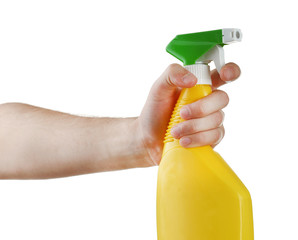 Male hand with sprayer isolated on white background