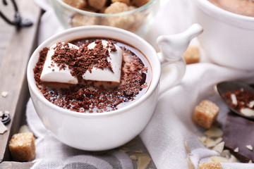 Hot chocolate with marshmallows in mug,